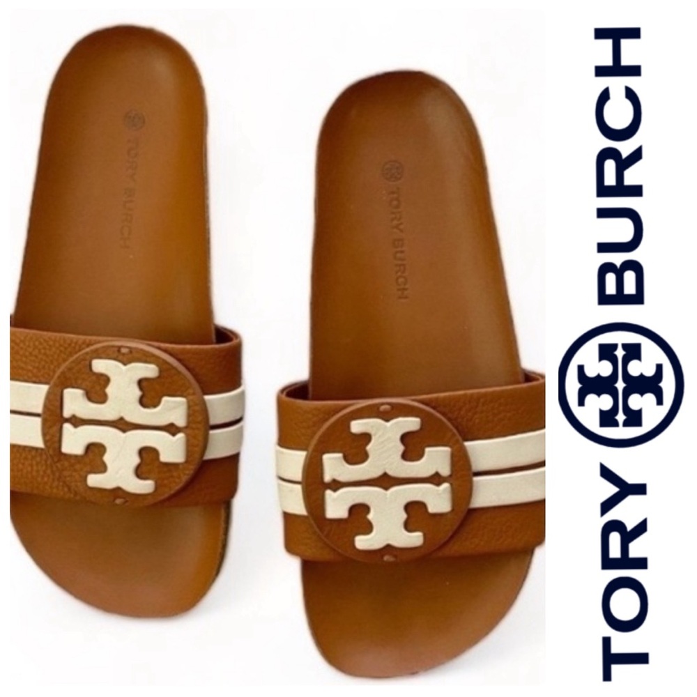 Tory Burch Brown and White Leather Logo Slide Sandals